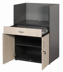 Regał eOP-96, wysunięta szuflada oraz otwarte drzwi
