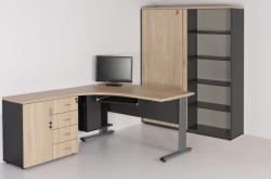 Zestaw Z-92 L biurko z szafką, blatem wysuwanym i kontenerem na komputer oraz regał na segregatory (5 poziomów) - na zdjęciu drzwi przesuwne w pozycji prawa strona otwarta