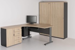 Zestaw Z-92 L biurko z szafką, blatem wysuwanym i kontenerem na komputer oraz regał na segregatory (5 poziomów) - na zdjęciu drzwi przesuwne w pozycji zamkniętej