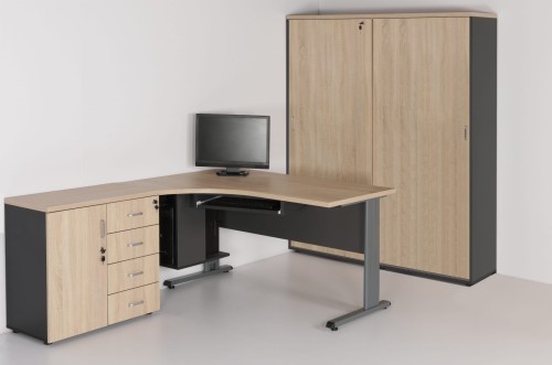 Zestaw Z-92 L biurko z szafką, blatem wysuwanym i kontenerem na komputer oraz regał na segregatory (5 poziomów) - na zdjęciu drzwi przesuwne w pozycji zamkniętej