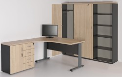 Zestaw Z-145 L biurko z szafką oraz regał na ubrania otwarty na lewo i regał na segregatory (5 poziomów) - na zdjęciu drzwi przesuwne - prawa strona otwarta