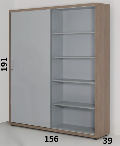 Regał eQM-15 L  - pięć poziomów na segregatory,  Lewa strona zamknięta drzwiami przesuwnymi,  prawa strona otwarta