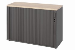 Szafka (kontener lub komoda) z drzwiami żaluzjowymi w kolorze antracyt zamknięta