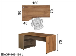 Biurko 160x90 z nogą w kolorze blatu z szafką pod blatem po lewej stronie profilowane na pomocnik o głębokości 40 cm