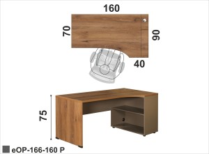 Biurko 160x90 z nogą w kolorze blatu z szafką pod blatem po prawej stronie profilowane na pomocnik o głębokości 40 cm 